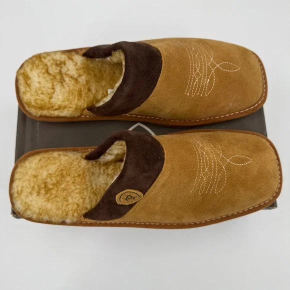 Ariat Mens Brown Leather Western Stitch Faux Fur Lined Scuff Slippers AR2842-200